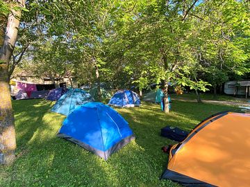 Camping in the shade of the trees