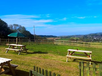 Outdoor seating at the on-site café
