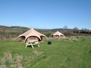 New for 2025 ready-pitched rental tent with four or five beds, electric socket with usb points