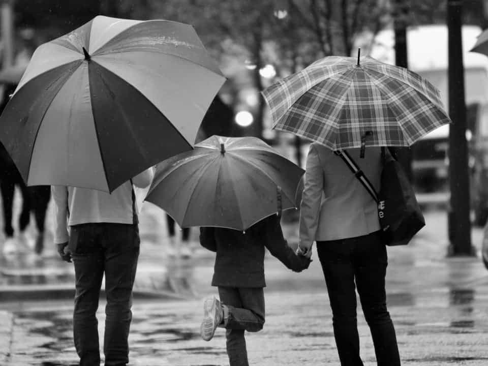 3 people holding umbrellas in the rain