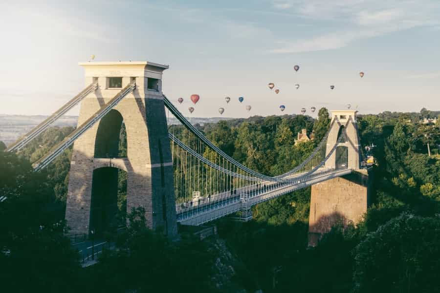 Bristol’s famous Clifton Suspension Bridge, during the annual balloon festival (Nathan Riley/Unsplash)